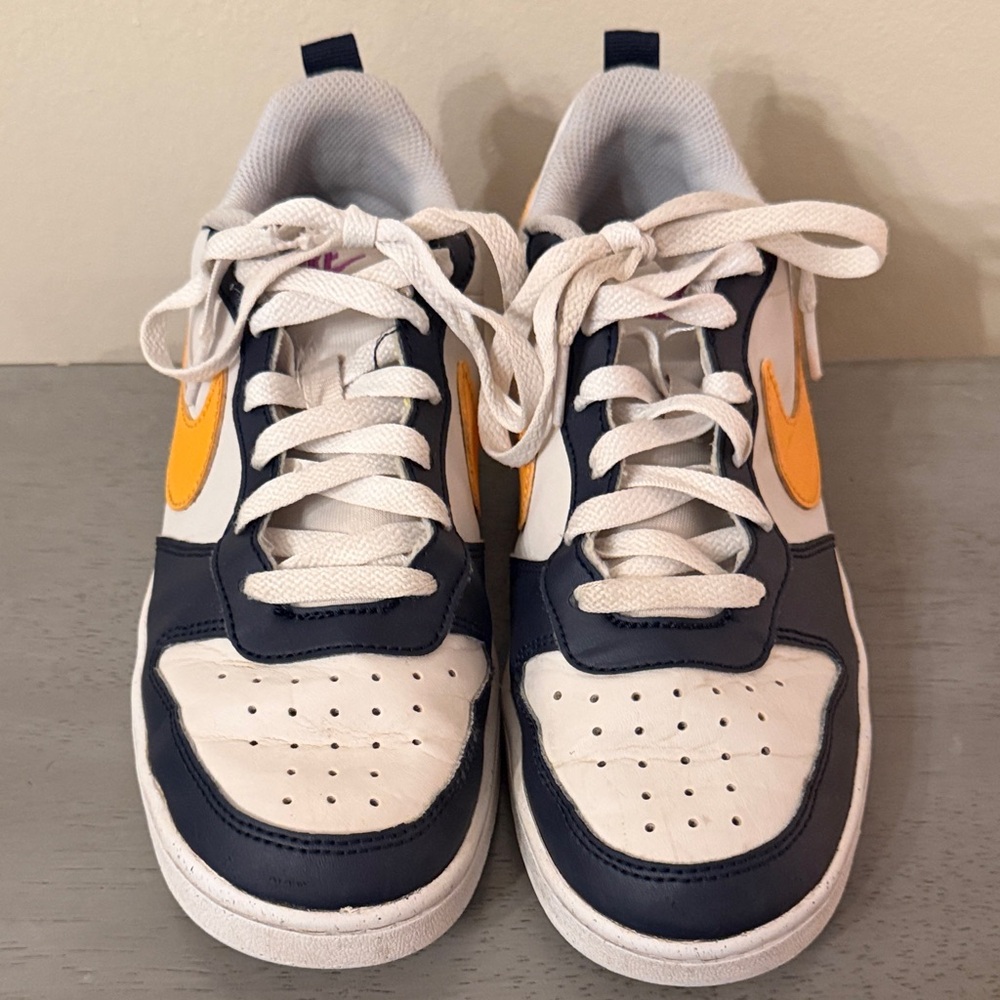 Nike Kids' White and Navy Sneakers with Orange Swoosh